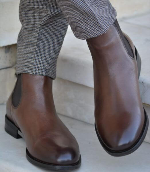 brown chelsea boots with suit