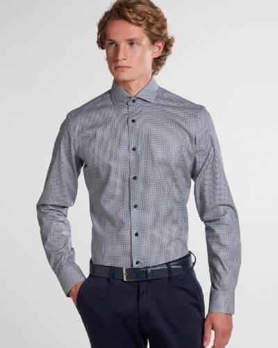 gray shirt with navy pants