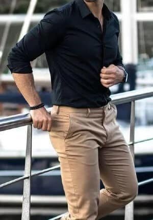 black shirt with khaki pants