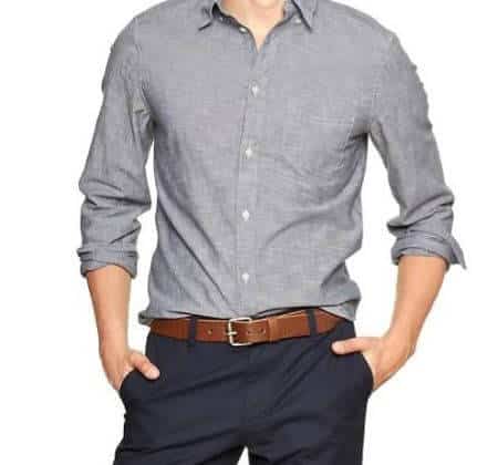 wearing gray shirt with navy blue pants