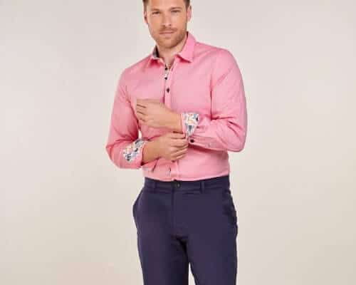 pink shirt with navy blue pants